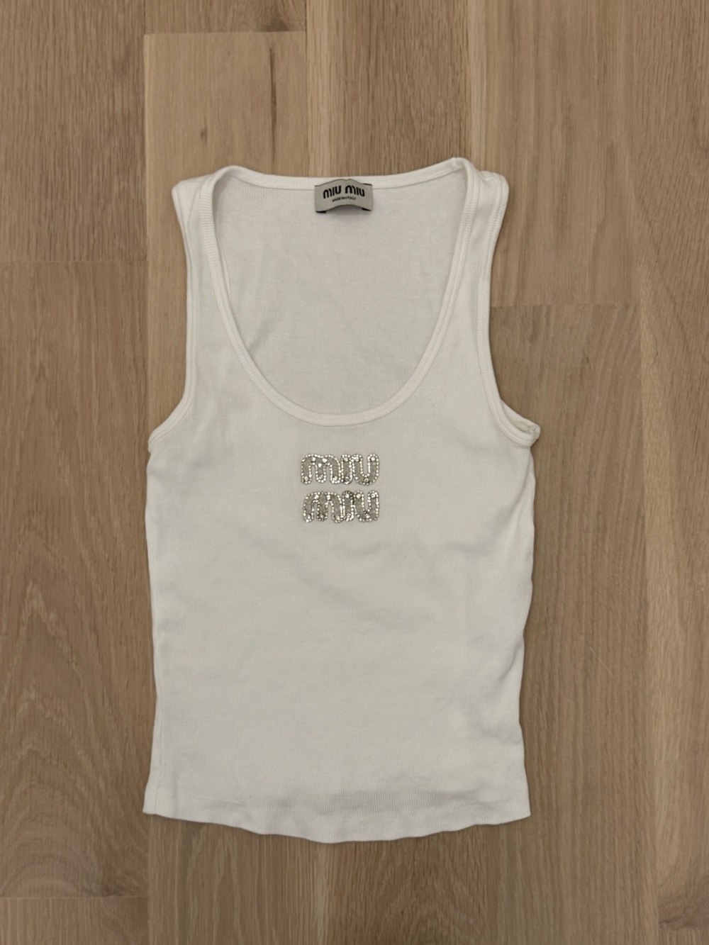 Miu Miu White Crystal-Logo Ribbed Tank